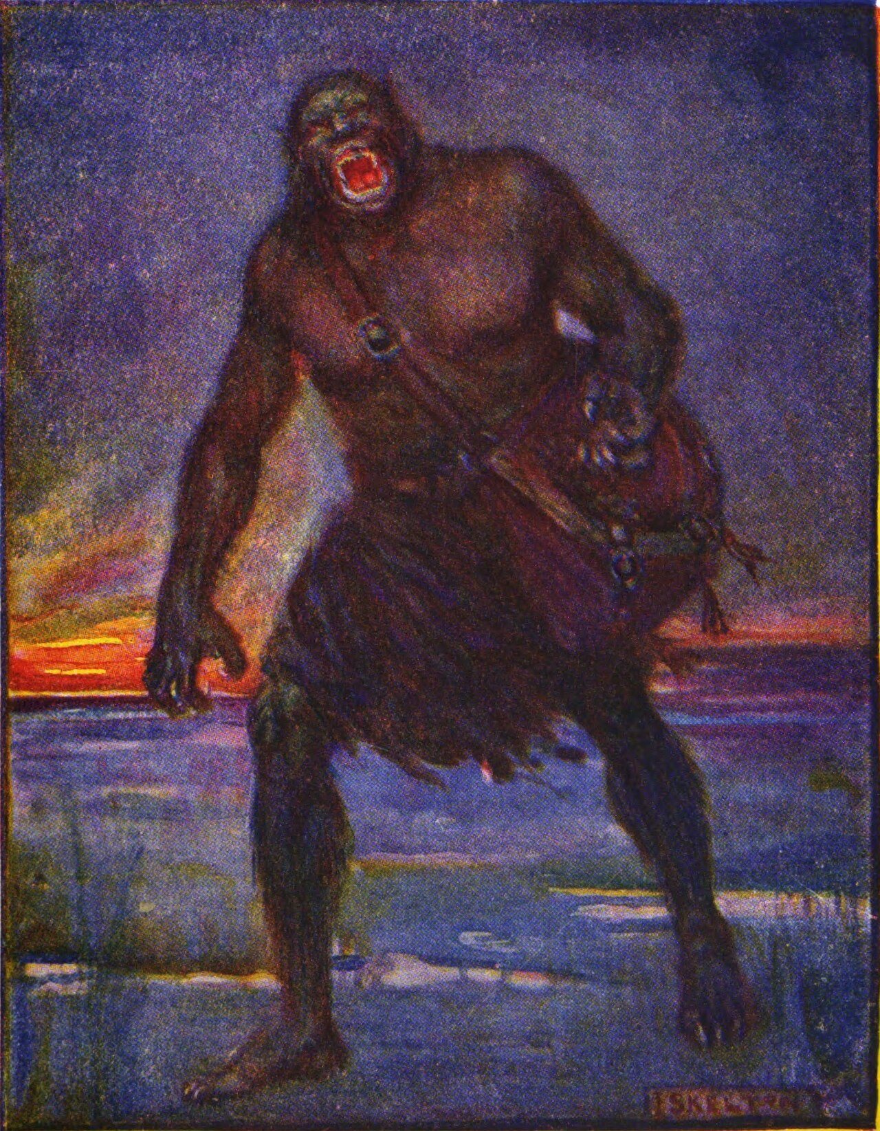 A colour book illustration of a huge, dark, hairy figure with clawed hands looming out of shadow.