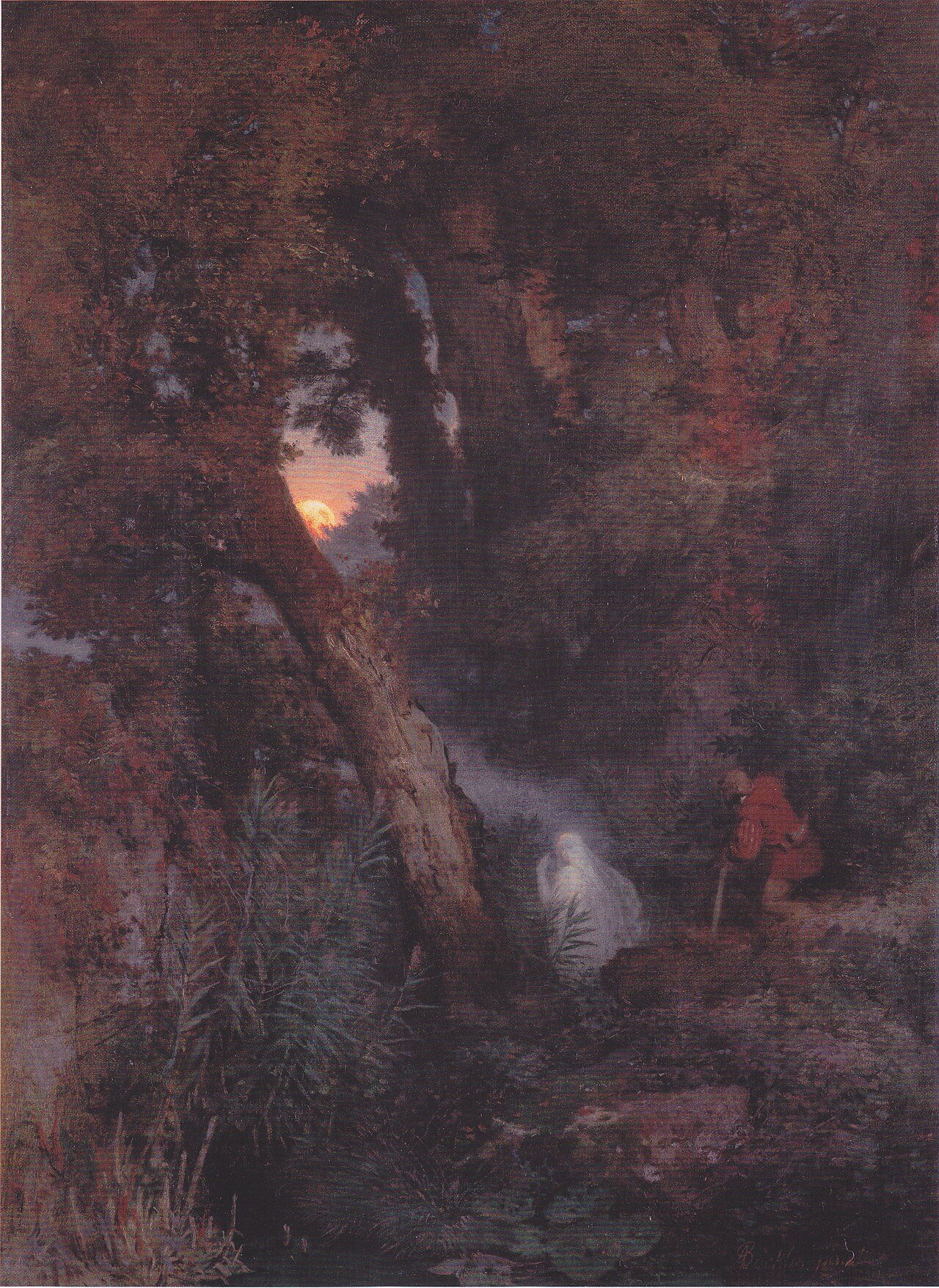 A dark painting of a twilit marsh with a single small pale light hovering over the water.
