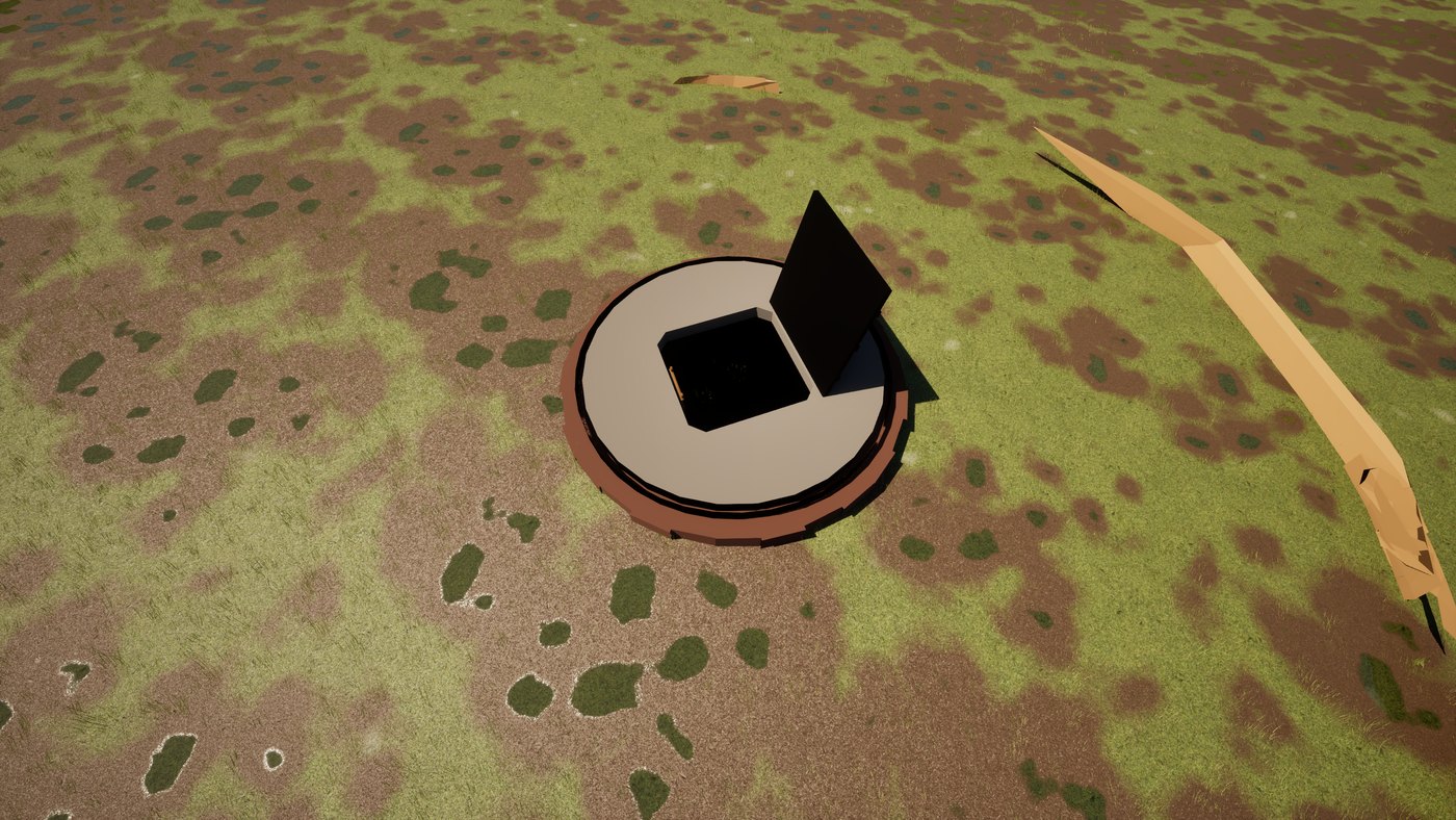 The well-head on the waste ground. The lid is open, the ladder goes down inside it, and everything of value is a long way past the bottom of it.