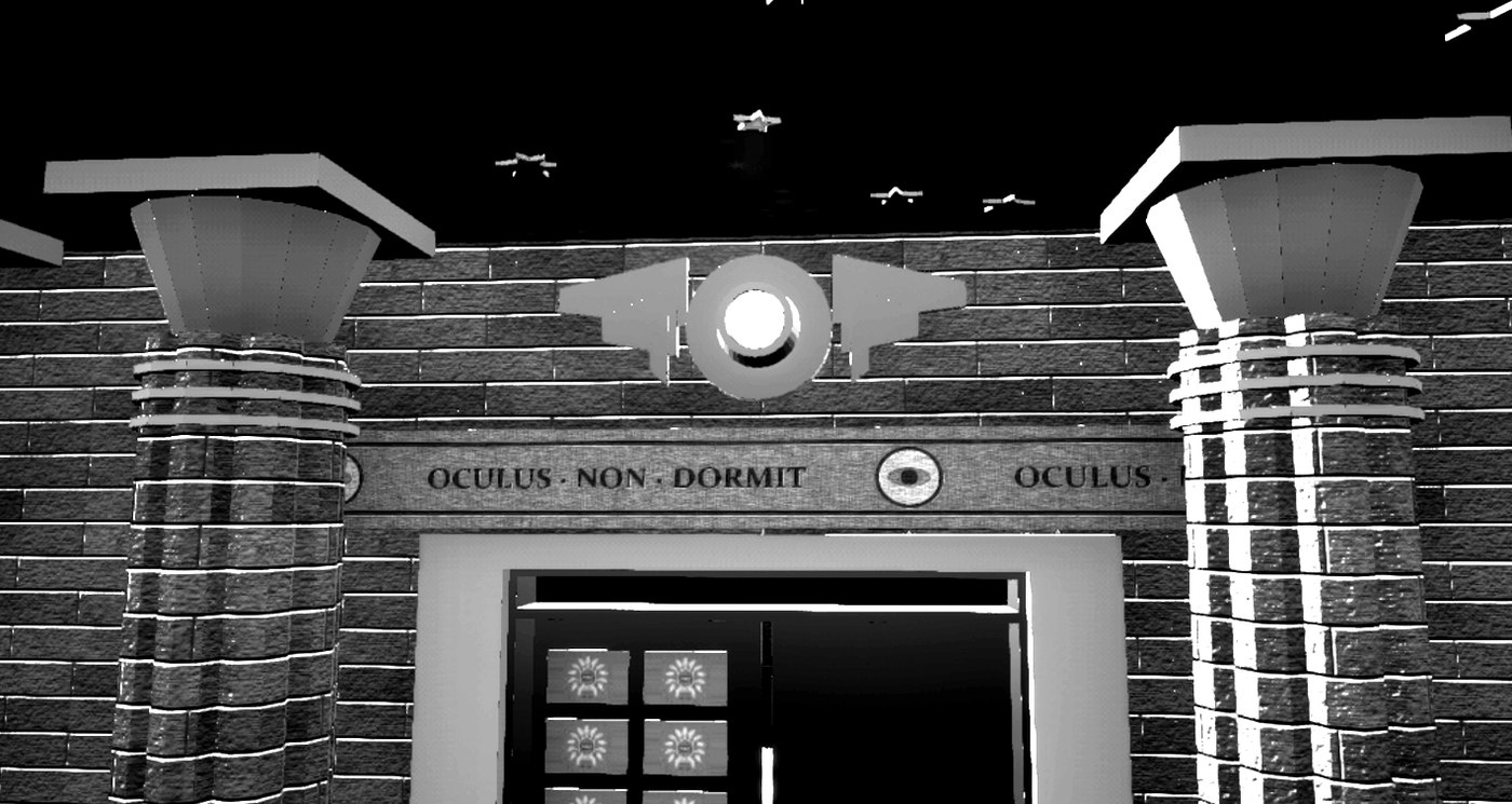 OCULUS NON DORMIT: the eye over the doors of the temple on Popplewick Terrace. It is lit. The motto means the eye does not sleep.