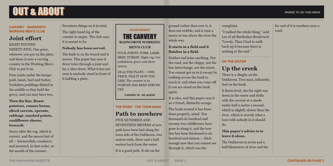 The Oakhaven Gazette, issue 7, Monday 14 September 2026 - page 2 of 4. A tabloid newspaper spread printed in two colours.