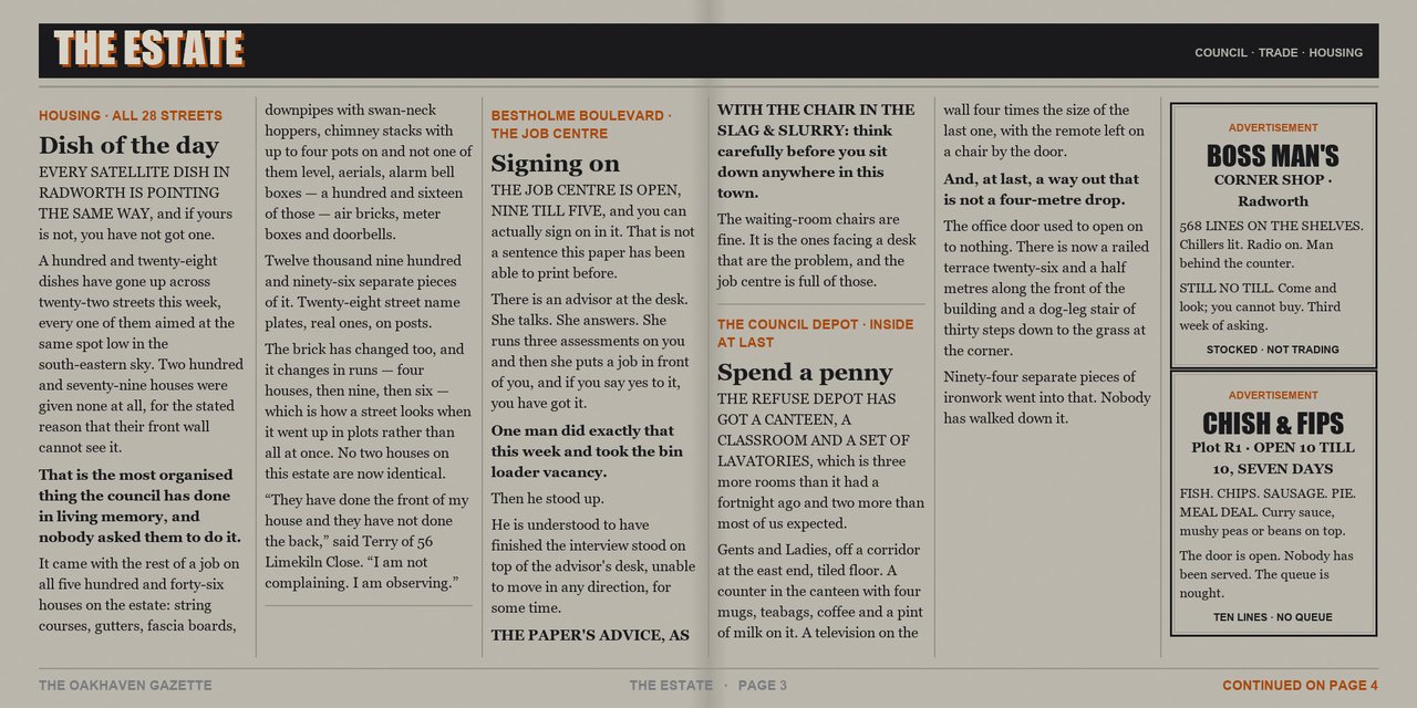 The Oakhaven Gazette, issue 7, Monday 14 September 2026 - page 3 of 4. A tabloid newspaper spread printed in two colours.