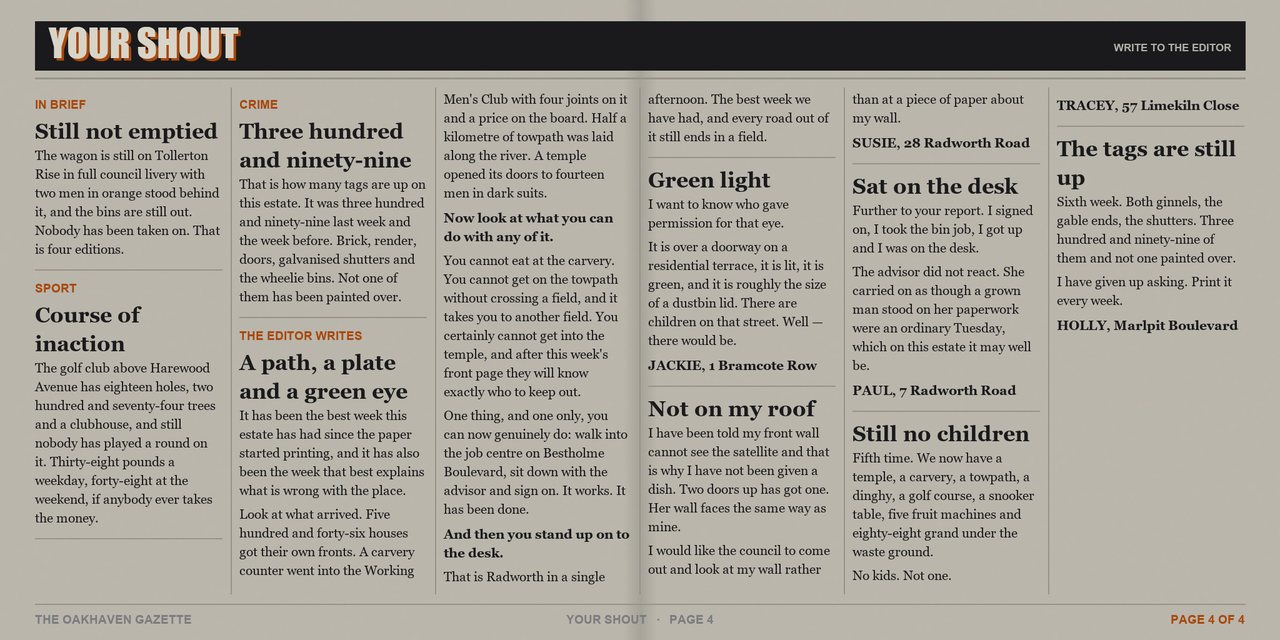 The Oakhaven Gazette, issue 7, Monday 14 September 2026 - page 4 of 4. A tabloid newspaper spread printed in two colours.