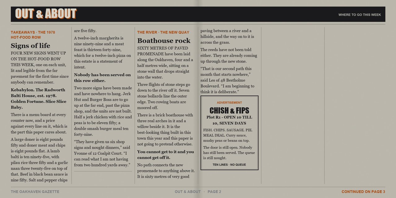 The Oakhaven Gazette, issue 8, Monday 21 September 2026 - page 2 of 4. A tabloid newspaper spread printed in two colours.