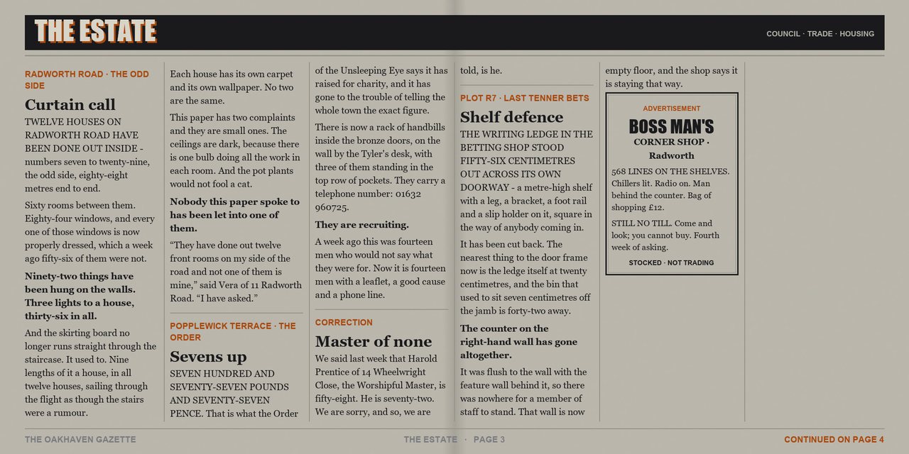 The Oakhaven Gazette, issue 8, Monday 21 September 2026 - page 3 of 4. A tabloid newspaper spread printed in two colours.