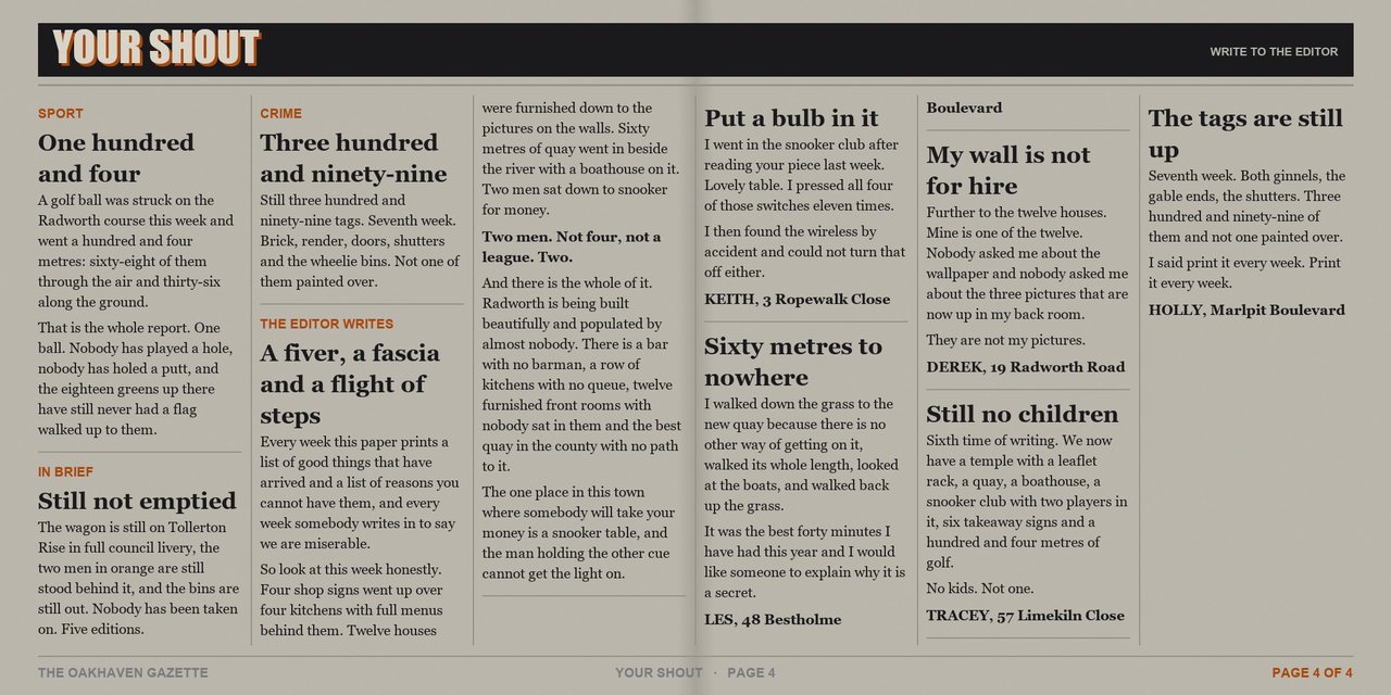 The Oakhaven Gazette, issue 8, Monday 21 September 2026 - page 4 of 4. A tabloid newspaper spread printed in two colours.