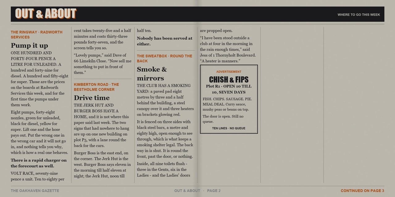 The Oakhaven Gazette, issue 9, Monday 28 September 2026 - page 2 of 4. A tabloid newspaper spread printed in two colours.