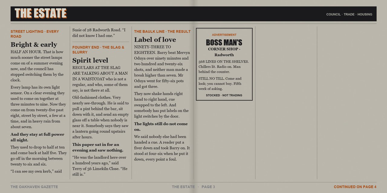 The Oakhaven Gazette, issue 9, Monday 28 September 2026 - page 3 of 4. A tabloid newspaper spread printed in two colours.
