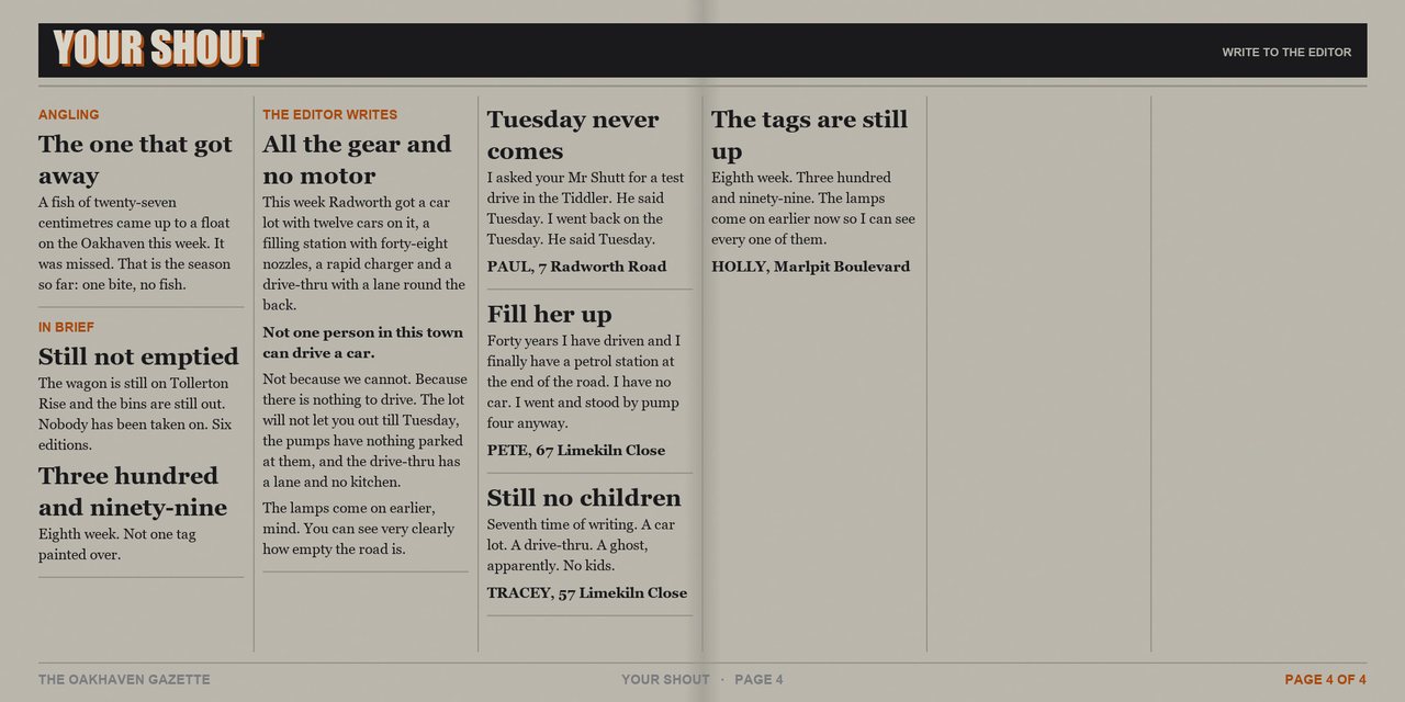 The Oakhaven Gazette, issue 9, Monday 28 September 2026 - page 4 of 4. A tabloid newspaper spread printed in two colours.