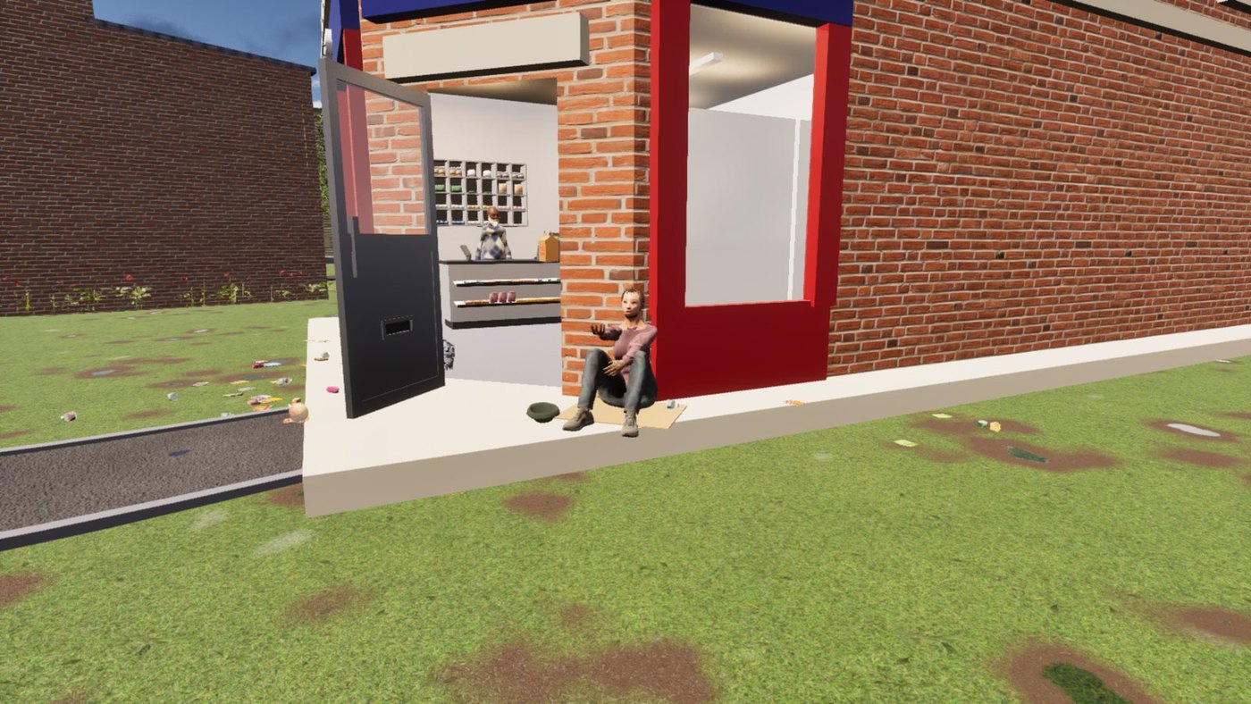 HELP US OUT, DUCK: Angela at her pitch by the door of Boss Man's, the hat at her side.