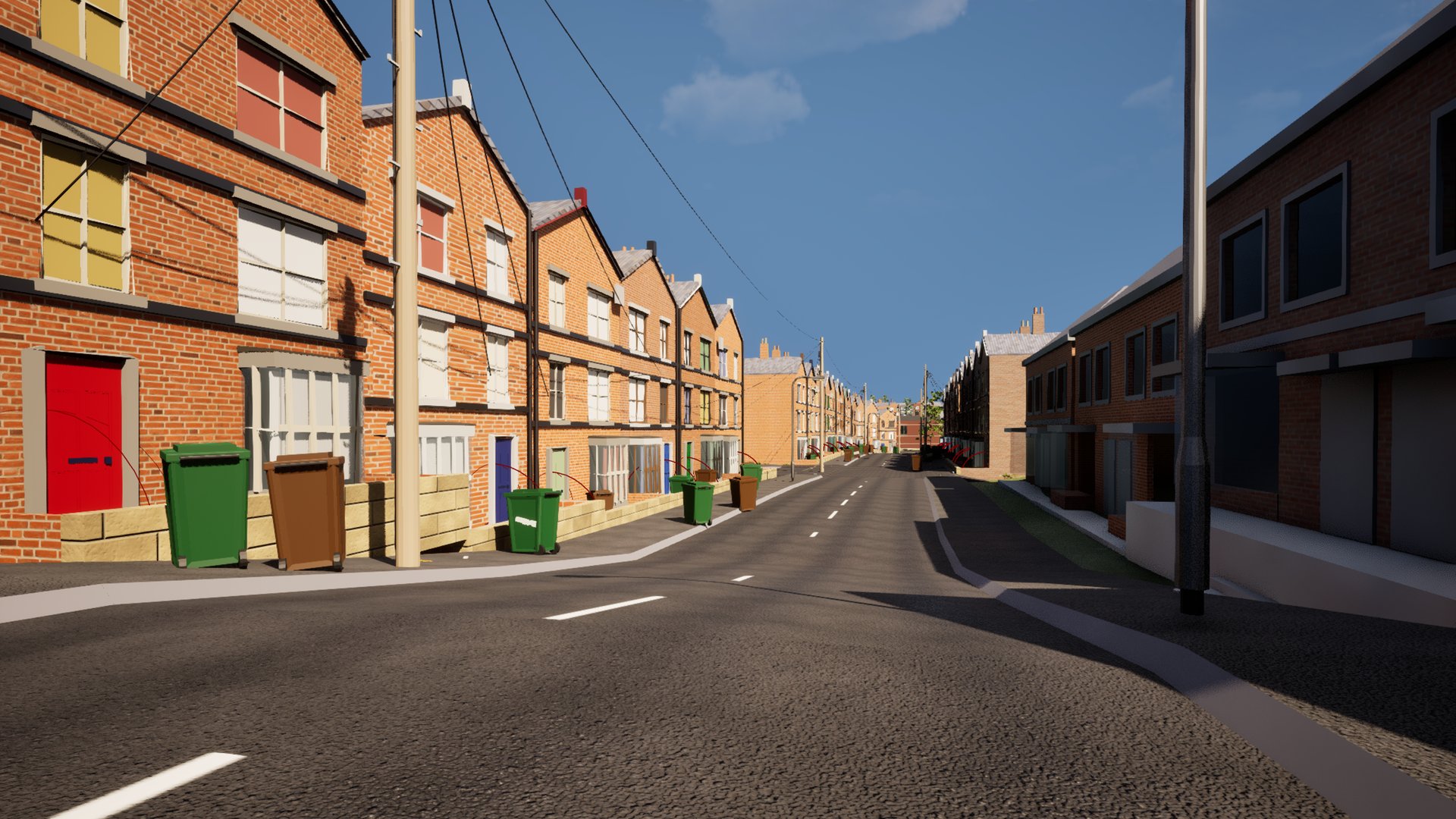 A sunlit Radworth terrace from the pavement: red brick, a red front door and a yellow one, sash windows with net curtains, telegraph wires crossing overhead and wheelie bins out along the kerb.