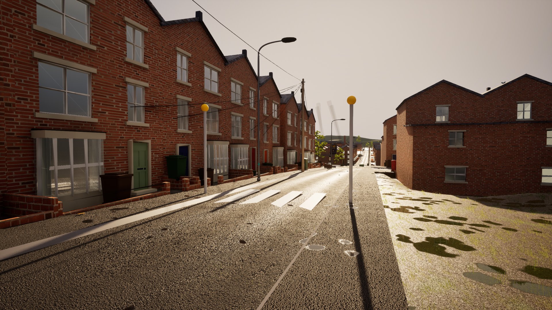 A long Radworth terrace on a wet morning, puddles standing on the tarmac, a zebra crossing and a row of streetlamps running away down the road under a clear sky.