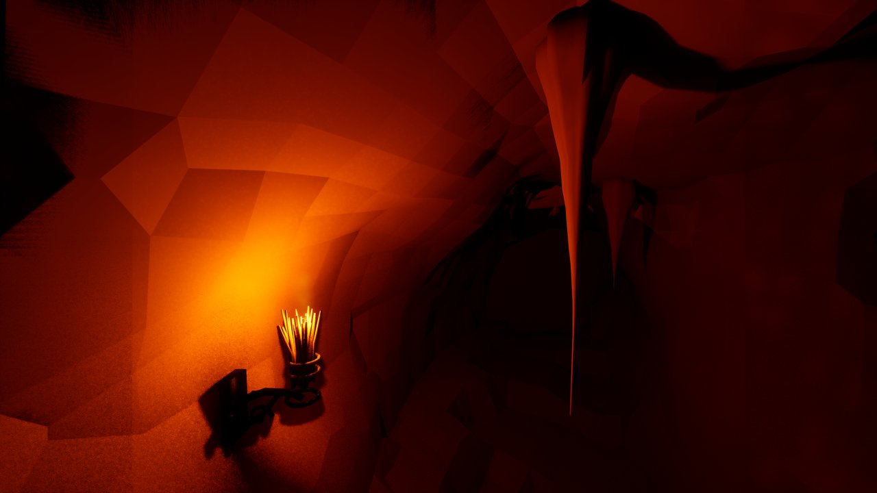 A rush torch burning in an iron bracket driven into worked rock deep below Radworth, throwing its shadow on the wall, a stalactite hanging in the dark beyond.