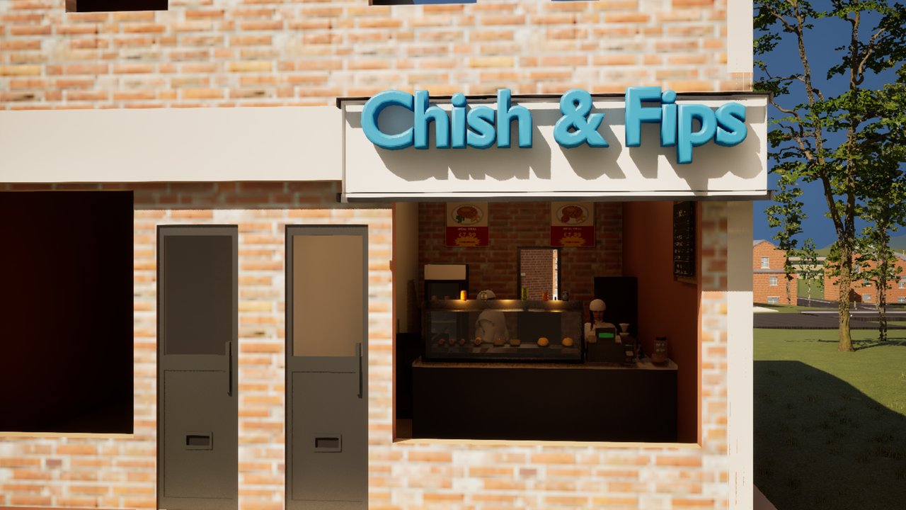 A chip shop frontage: CHISH & FIPS in blue lettering on a white fascia, the serving hatch open, the hot cabinet lit and two staff working behind the counter.