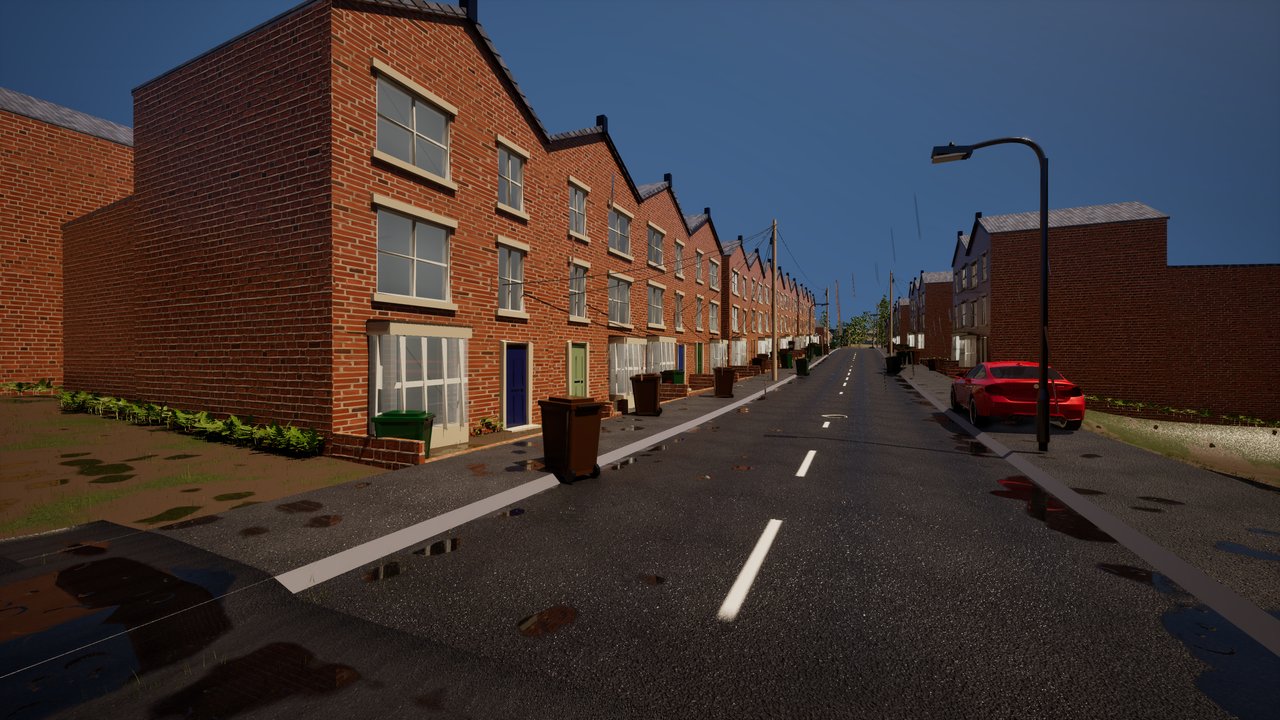 A red-brick terraced street after rain, wet tarmac reflecting the sky, blue and green front doors, telegraph wires overhead, wheelie bins along the kerb and a red car parked up the road.