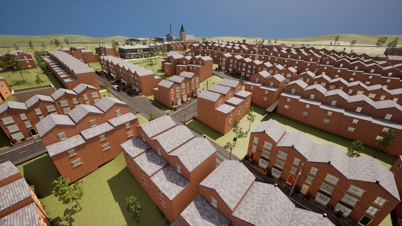 An aerial view across Oakhaven: street after street of Victorian terraces under slate roofs, with a church spire and an incinerator chimney on the skyline.