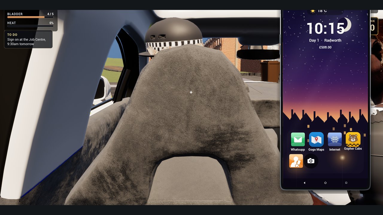 First-person in a car with the in-game Android-style handset held up on the right: clock, date, weather and cash on the home screen, app icons below, and the player's to-do reminder to sign on at the job centre showing in the HUD.