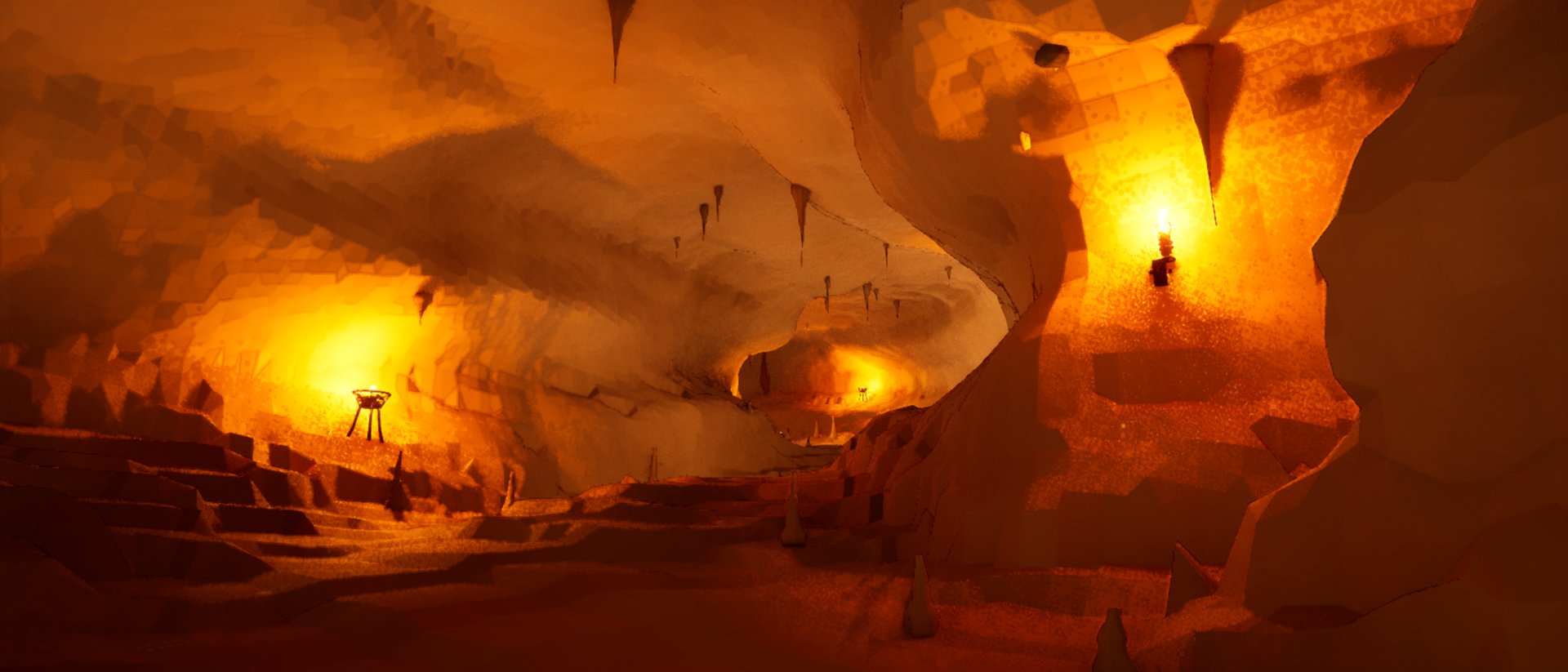 A wide sandstone cavern lit amber by two iron fire baskets and a wall torch, stalactites hanging from the roof and stalagmites on the floor.