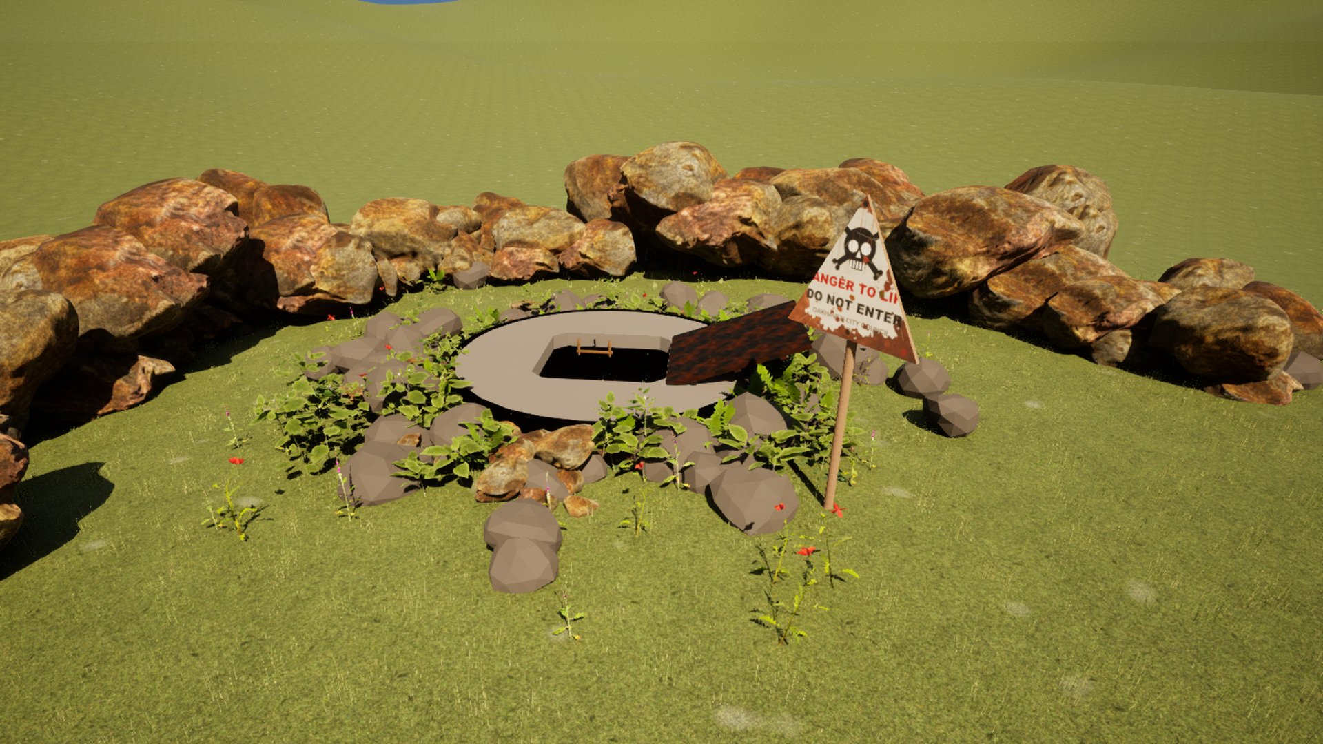 A rusted iron well-head with its lid open, in a ring of weeds and boulders on open grass, and beside it a council warning sign with a skull and crossbones reading DANGER TO LIFE, DO NOT ENTER.