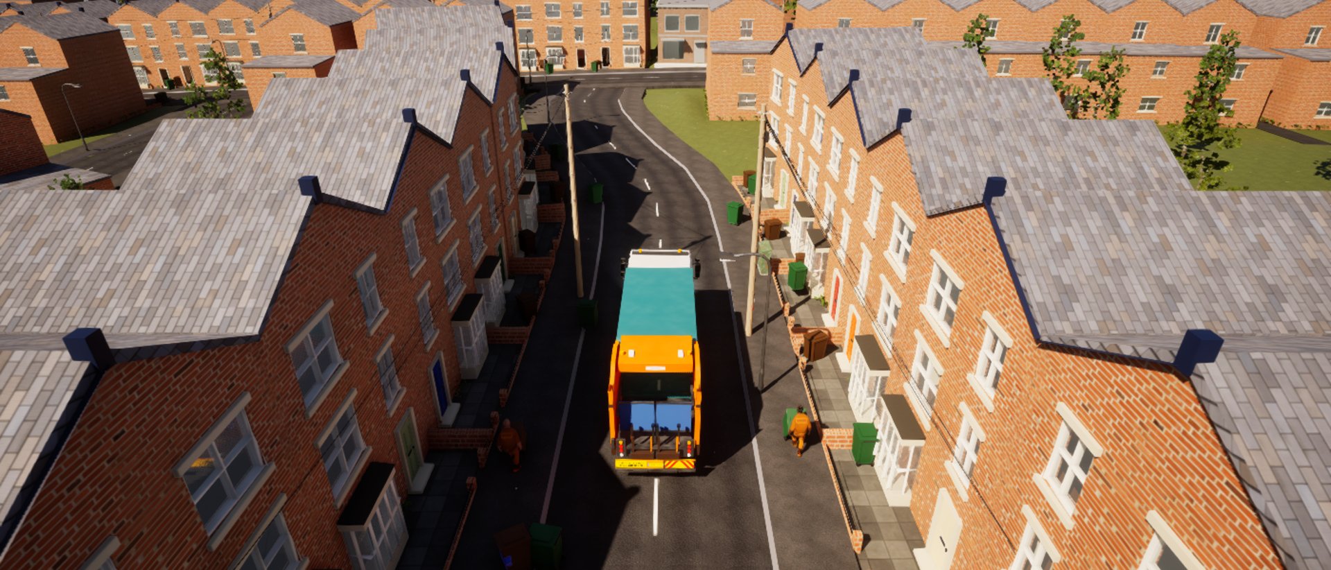 A council bin lorry seen from a drone high above a curving street of red-brick terraced houses, grey slate roofs on both sides and green hills beyond.