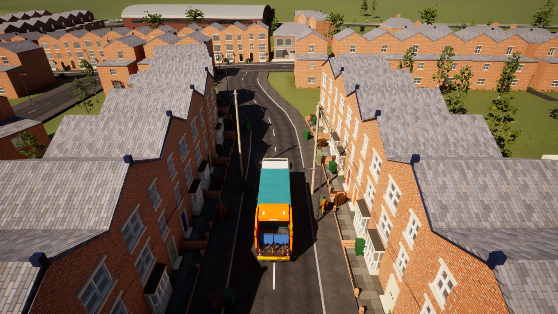 The drone pulls up and away over grey slate rooftops, the bin lorry small in the street below and green hills on the horizon.
