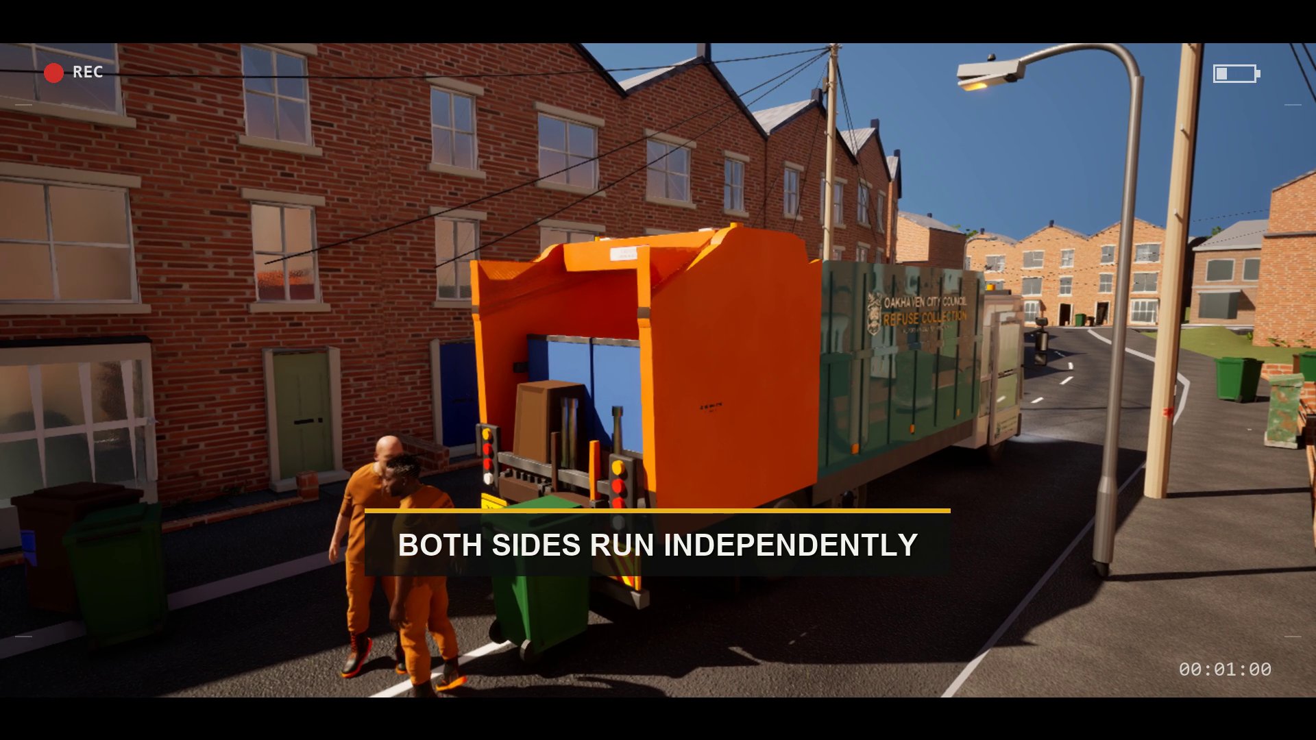 A frame of the induction film: a loader wheels a green bin to the back of the lorry, captioned BOTH SIDES RUN INDEPENDENTLY.