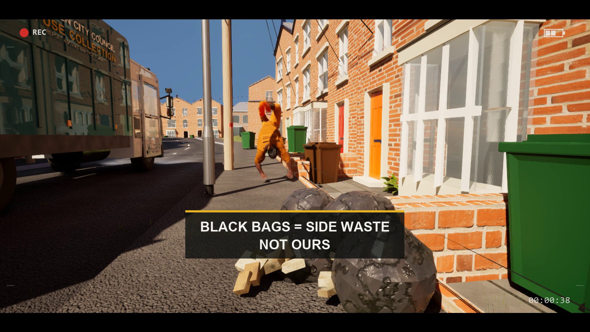 A frame of the induction film: black bin bags dumped beside a wheelie bin on a terraced street, captioned BLACK BAGS = SIDE WASTE, NOT OURS.