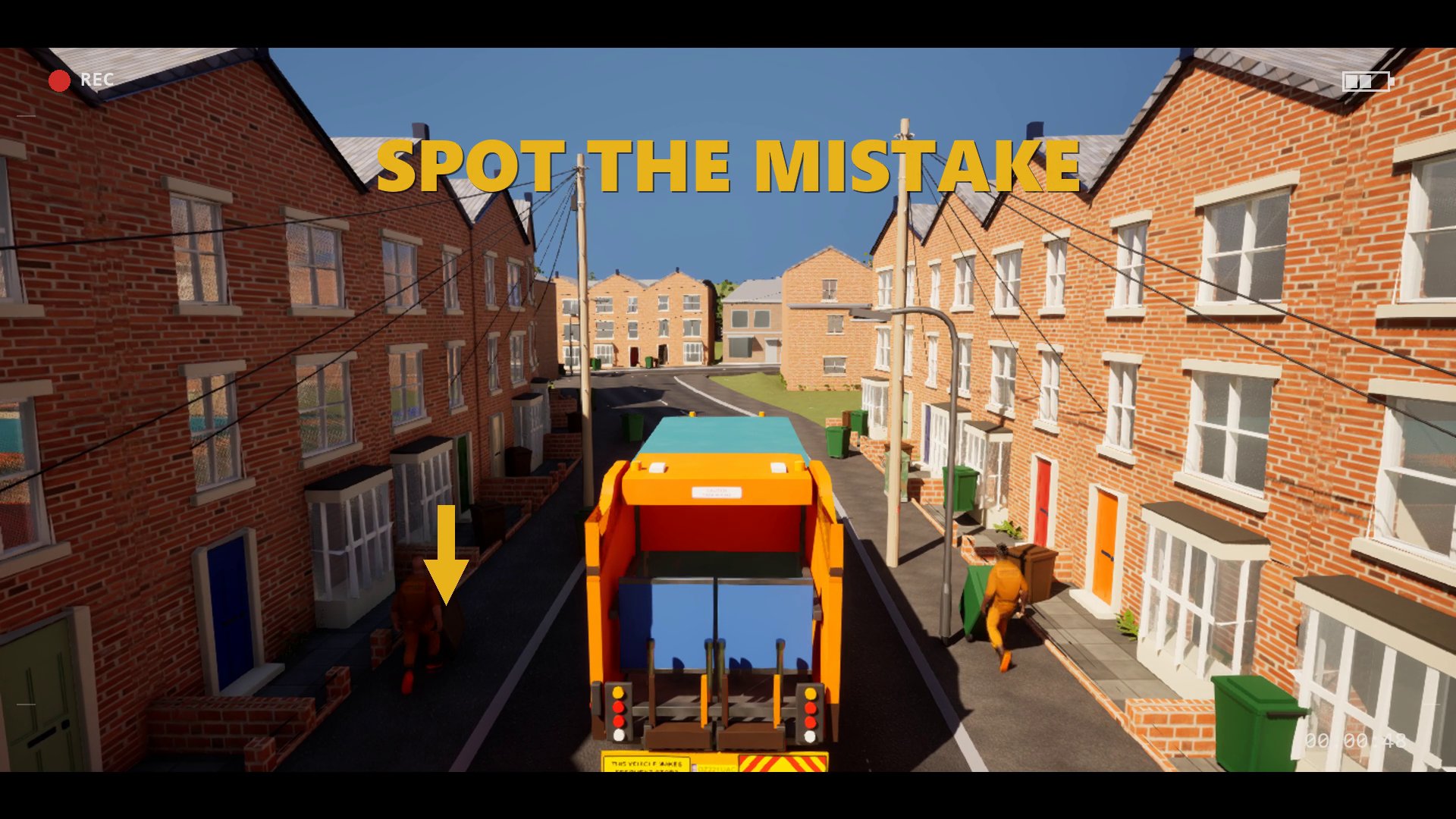 A frame of the induction film from above the lorry, headed SPOT THE MISTAKE in yellow, with an arrow pointing at a loader and his bin.