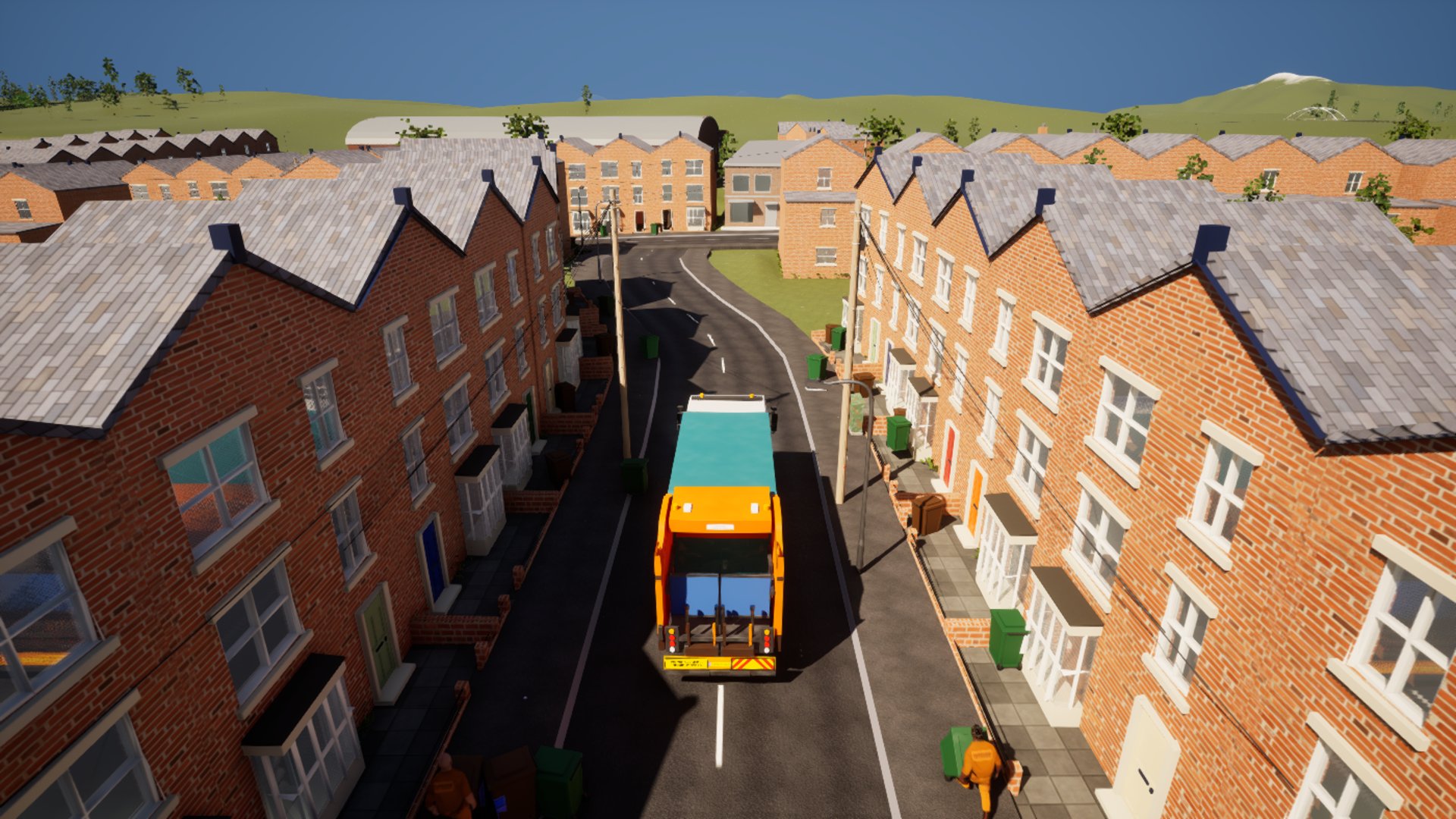 The induction film's drone shot: a council bin lorry working a curving street of terraced houses, seen from above the rooftops.