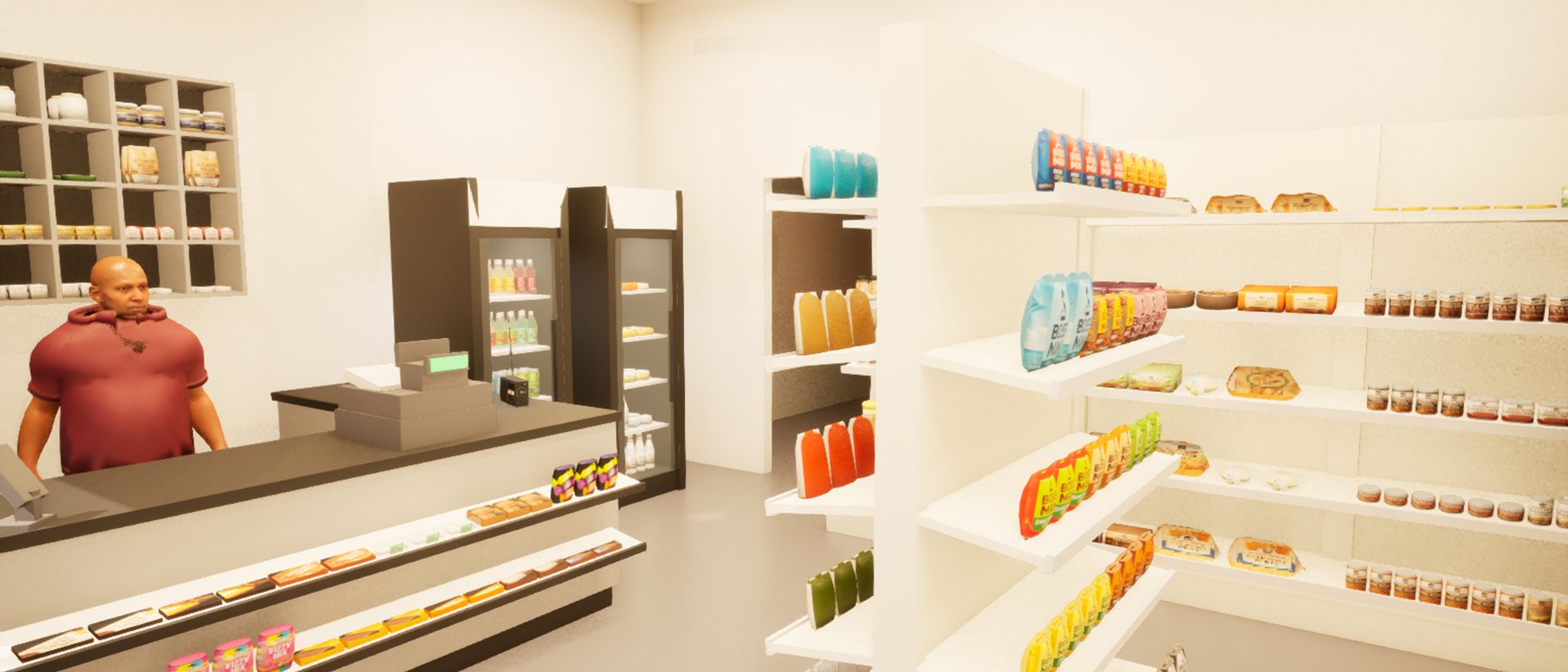 Inside a corner shop: the shopkeeper in a red polo shirt behind the counter, cigarette pigeonholes on the wall behind him, two drinks chillers, and shelves of brightly packaged own-brand groceries.