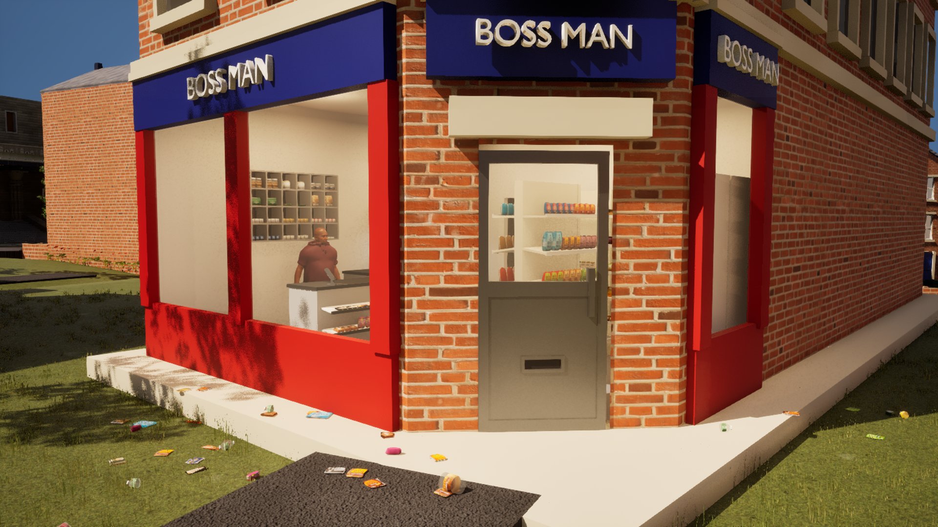 A corner shop in a red-brick building, BOSS MAN in white on blue fascias above red window frames, the shopkeeper visible through the window and litter scattered on the pavement outside.