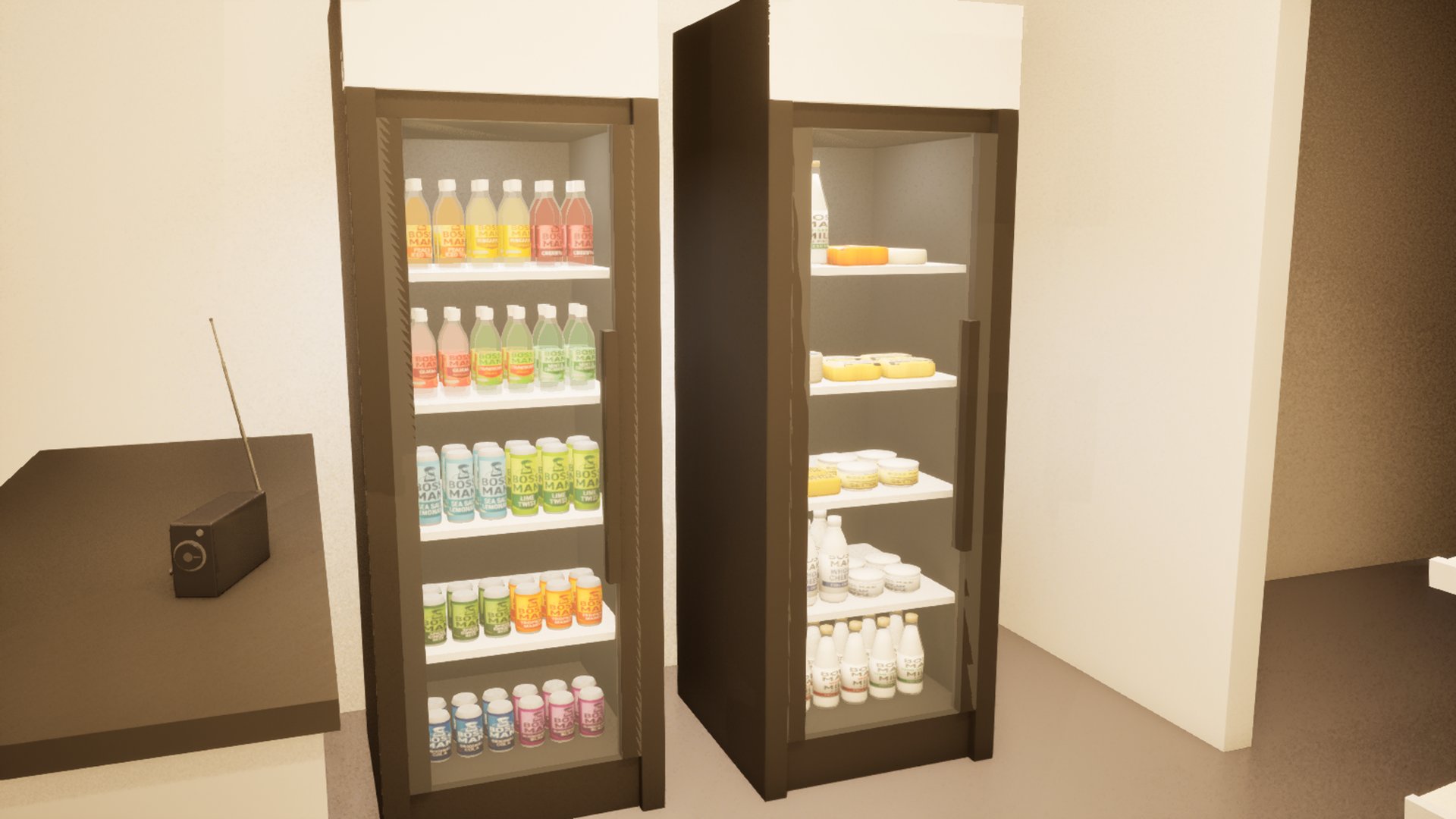 Two glass-fronted chillers, one full of bottled soft drinks and the other of milk and cheese, beside a counter with a small radio on it.