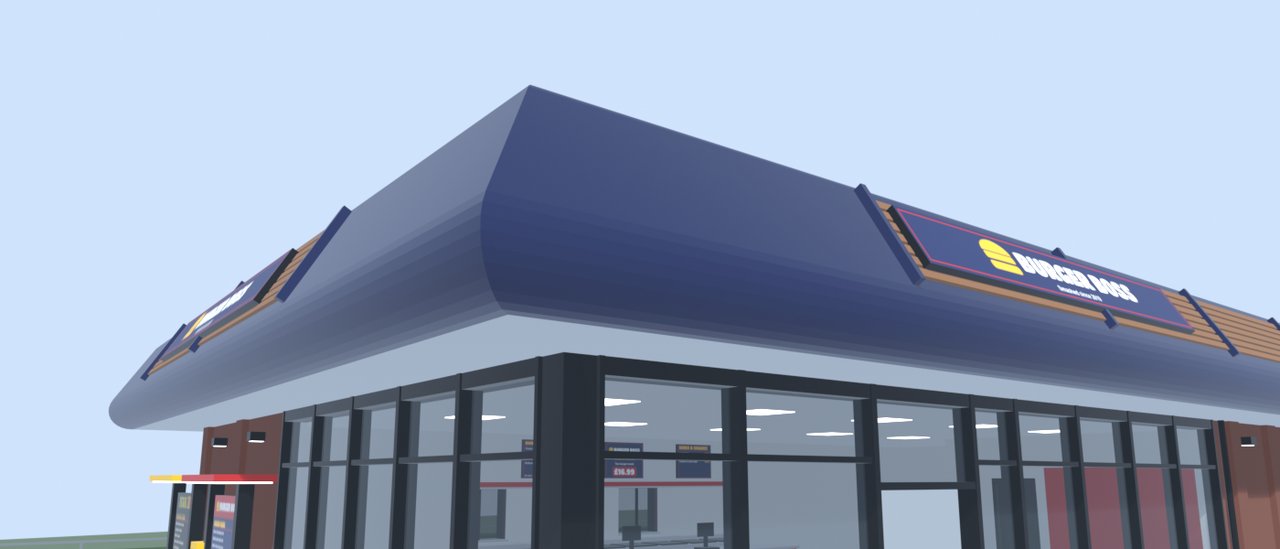The corner of a drive-thru restaurant: a deep navy roof band with a hooked, rounded underside sweeps out over dark-framed floor-to-ceiling glass, a BURGER BOSS sign raked across its face, red brick beyond.