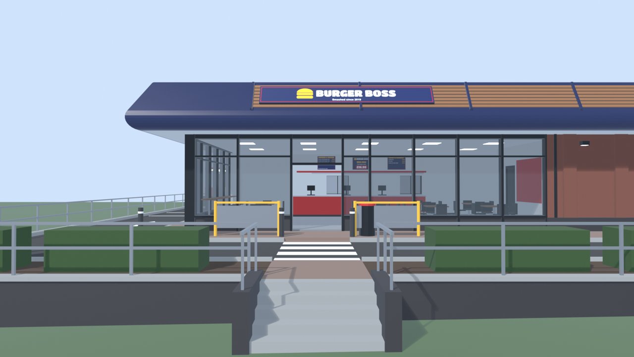 The front of Burger Boss straight on: a flight of steps and a ramp up through a hedge to the glazed front door under the navy BURGER BOSS roof band, yellow barrier rails either side.