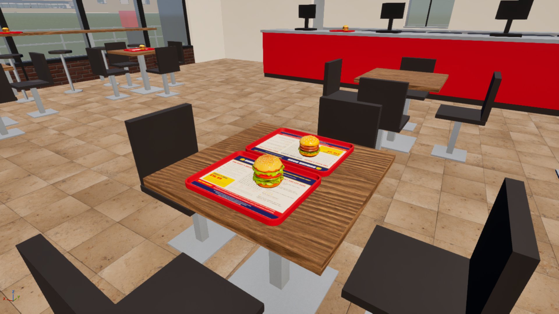Inside Burger Boss: two red trays with printed paper liners on a wooden table for two, a cheeseburger on each, black chairs round it and the red counter behind.