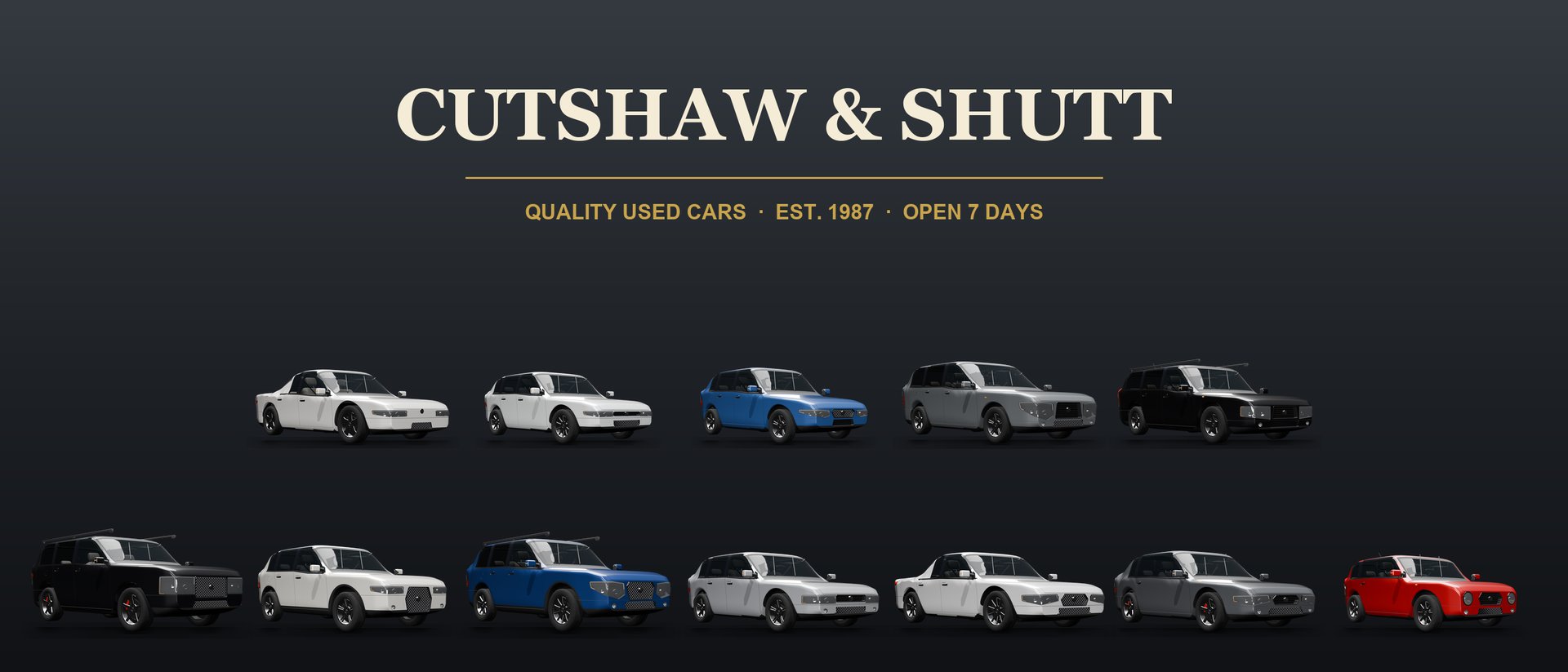 Twelve used cars in two staggered rows under the words CUTSHAW & SHUTT, Quality Used Cars, Est. 1987, Open 7 Days: a black 4x4, white, silver and blue family cars and a small red city car.