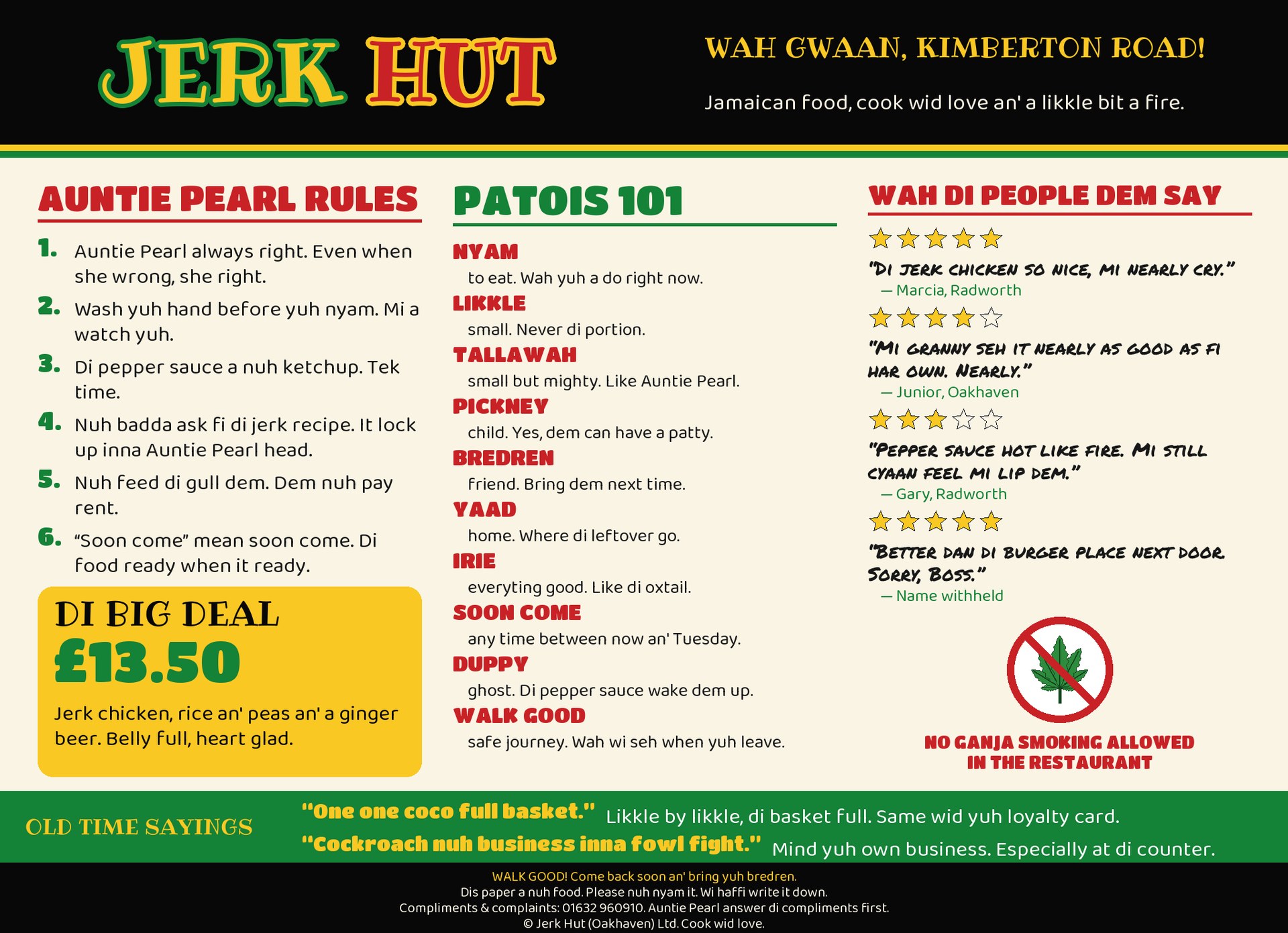 A Jerk Hut paper tray liner headed WAH GWAAN, KIMBERTON ROAD: AUNTIE PEARL RULES, DI BIG DEAL at 13.50 pounds, a PATOIS 101 glossary of ten words, customer reviews, OLD TIME SAYINGS, and a badge of a leaf in a red circle reading NO GANJA SMOKING ALLOWED IN THE RESTAURANT.