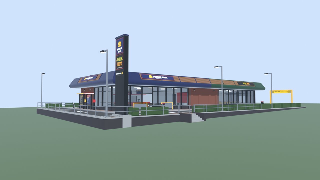 The whole drive-thru building from Kimberton Road: a tall black totem sign on the verge, the navy Burger Boss end nearest, the green Jerk Hut end beyond, and a yellow height gantry over the lane.