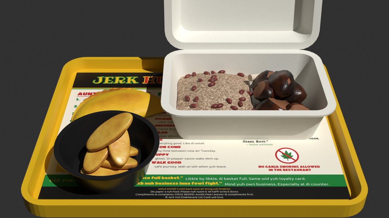 A gold tray with a printed patois liner, holding a white polystyrene box of rice and peas with blackened jerk chicken, a turmeric-yellow patty and a black pot of fried plantain.