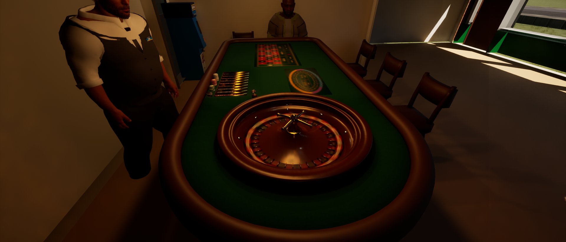 A single-zero roulette table in a bookmaker's, chips on the baize.
