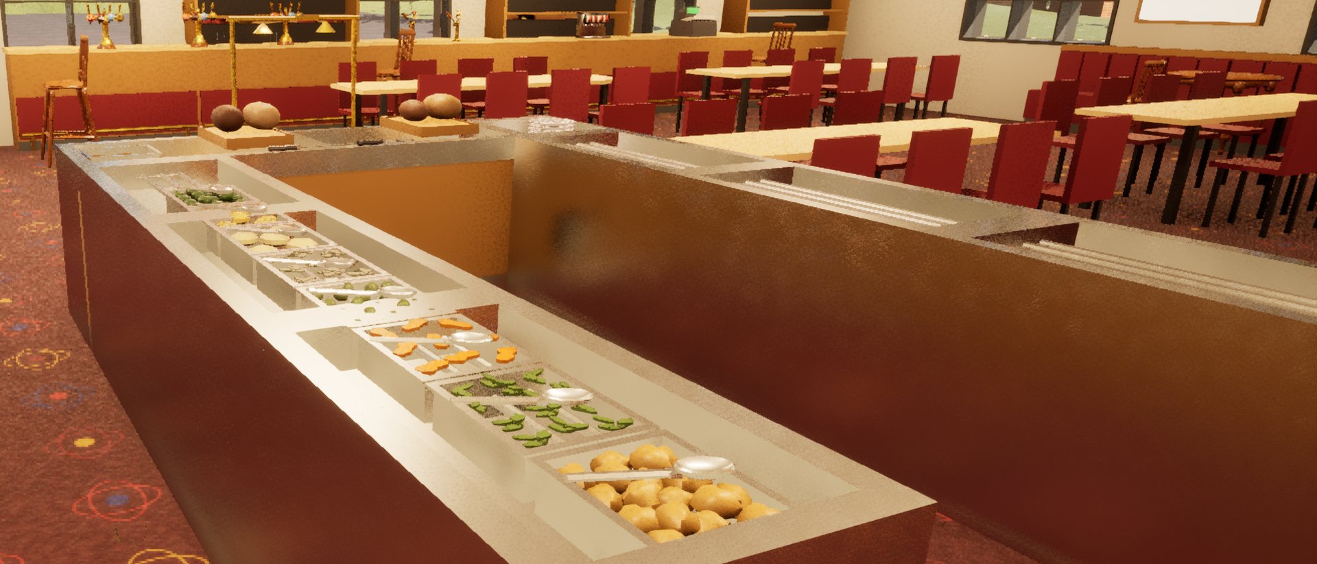 The carvery counter in a working men's club: steel pans of roast potatoes, carrots, peas and greens, joints of meat on boards at the far end, and rows of red chairs at long tables behind.