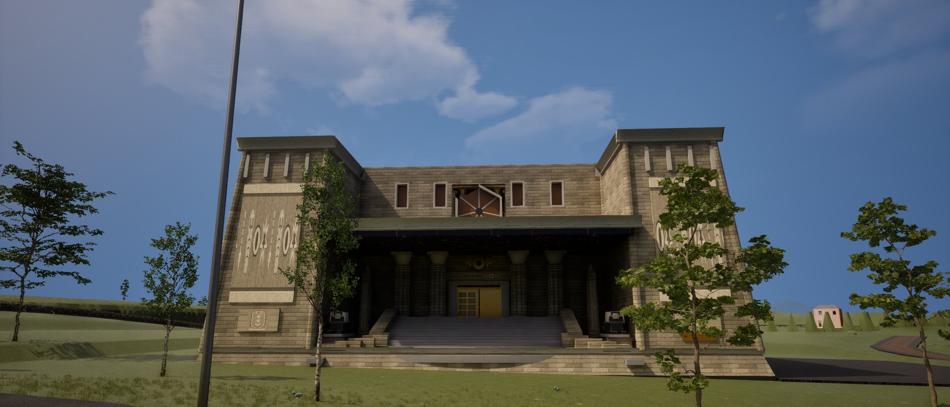 An Egyptian Revival lodge on a raised plot, two battered pylons flanking a columned portico, a broad stone stair climbing to gold doors.