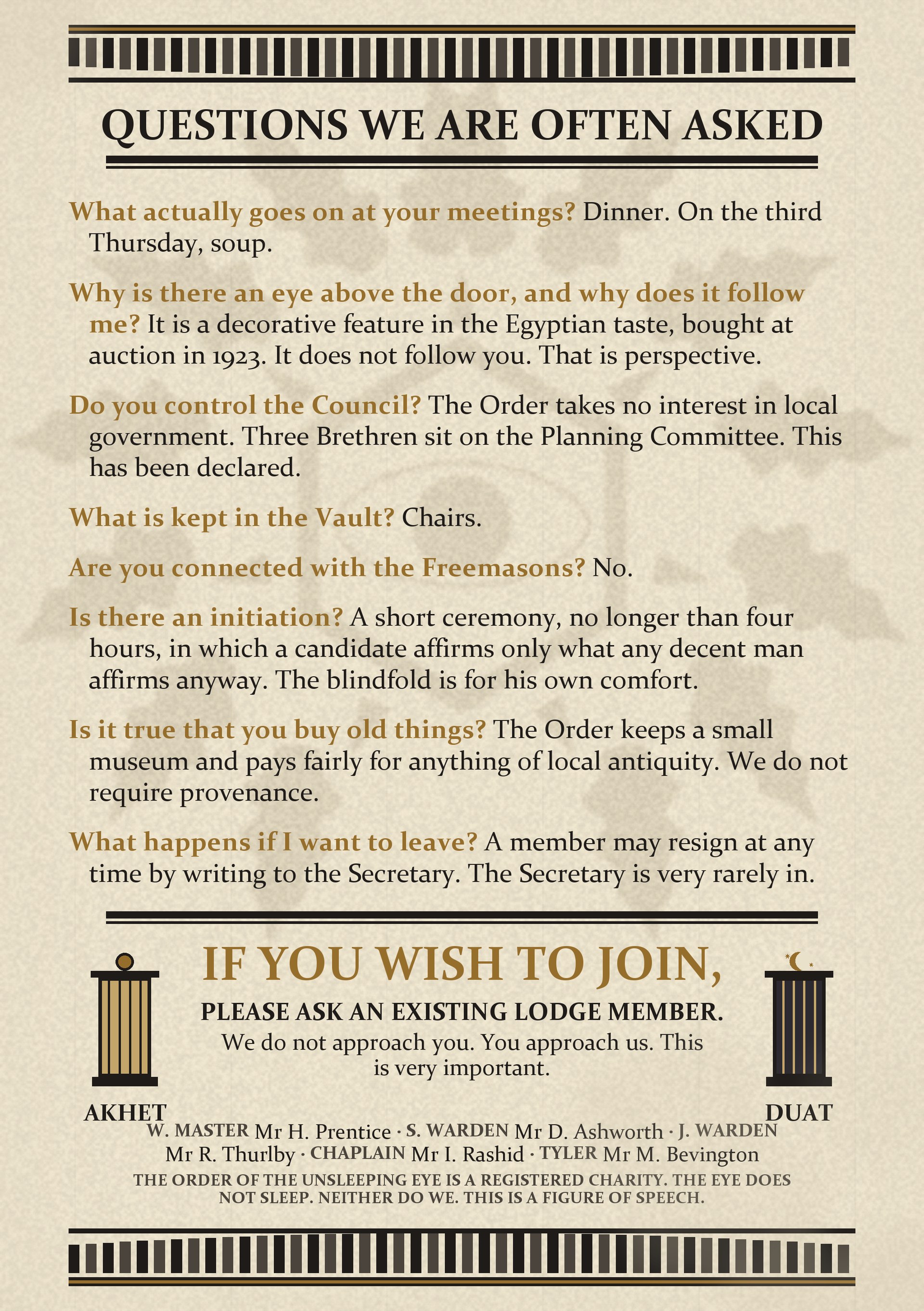 The back of the same leaflet, headed QUESTIONS WE ARE OFTEN ASKED, with eight short questions and answers in two colours, and a notice at the foot flanked by two drawn pillars reading IF YOU WISH TO JOIN, PLEASE ASK AN EXISTING LODGE MEMBER.
