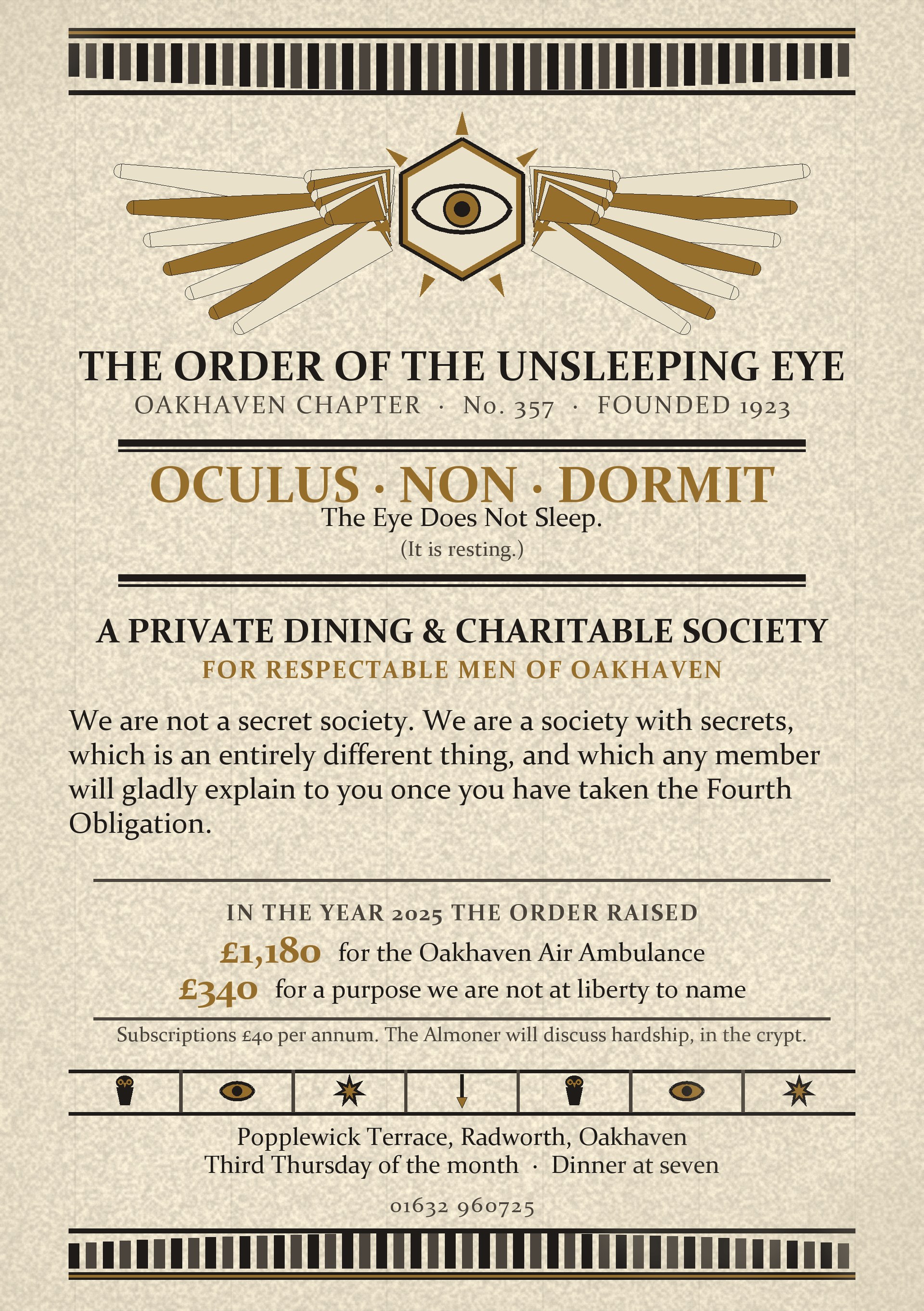 The front of a cream letterpress leaflet printed in black and a brass ink. An Egyptian winged disc with an owl's wings spreads either side of an eye set in a hexagon, above the words THE ORDER OF THE UNSLEEPING EYE, Oakhaven Chapter No. 357, founded 1923, and the motto OCULUS NON DORMIT.
