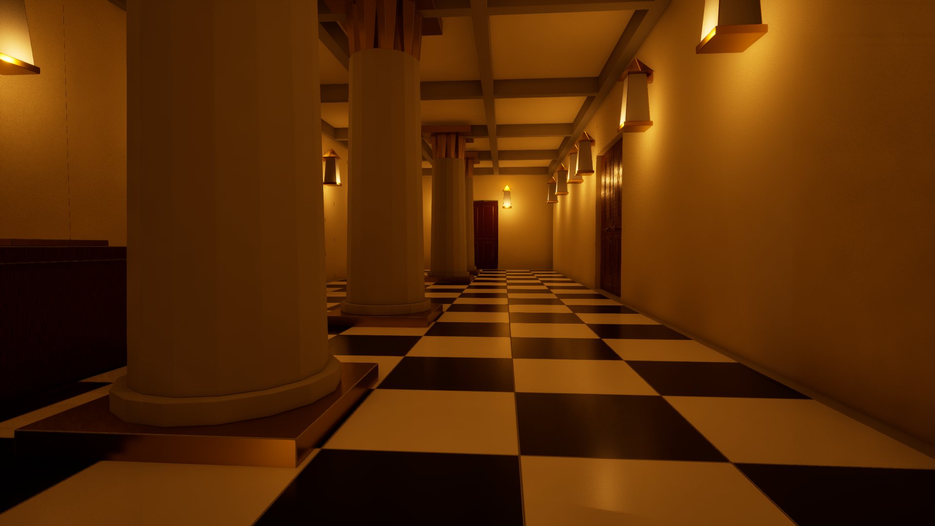 A hall with a black and white chequered floor, palm-capital columns and lanterns along the wall.
