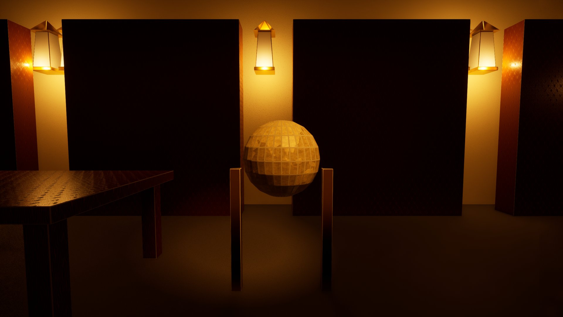 A library lit by wall lanterns: a stone globe carved with a world map, standing in its cradle on a reading table, bookcases behind.