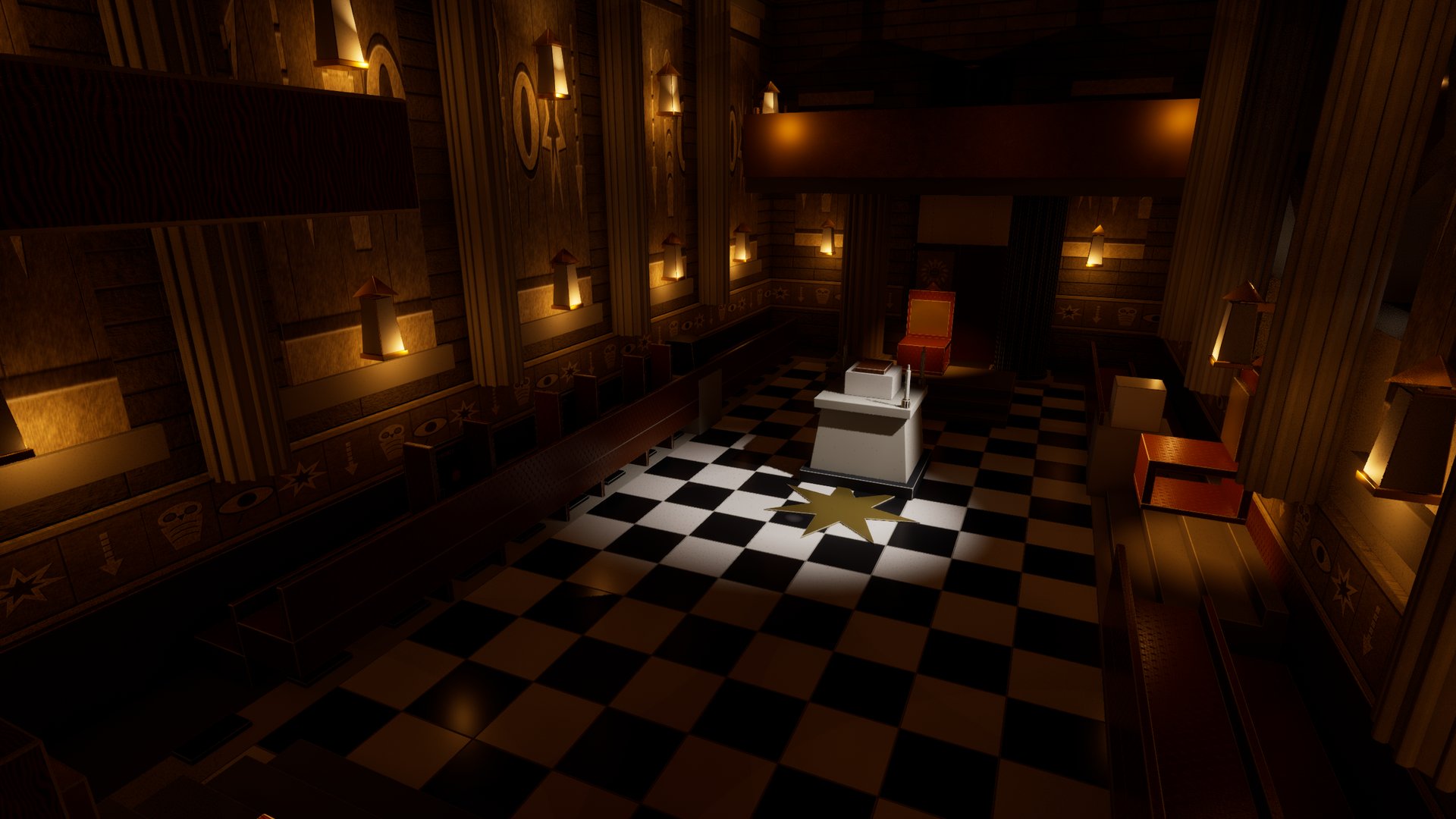 A tall ceremonial room seen from a gallery: chequered floor, an altar, a canopied throne at the far end, lanterns down both walls.