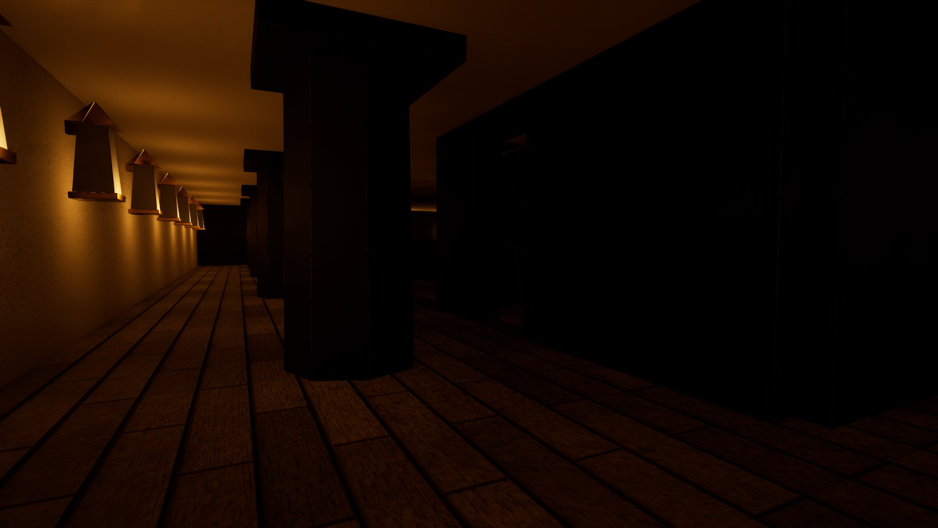 A low brick undercroft with a row of lanterns receding into the dark.