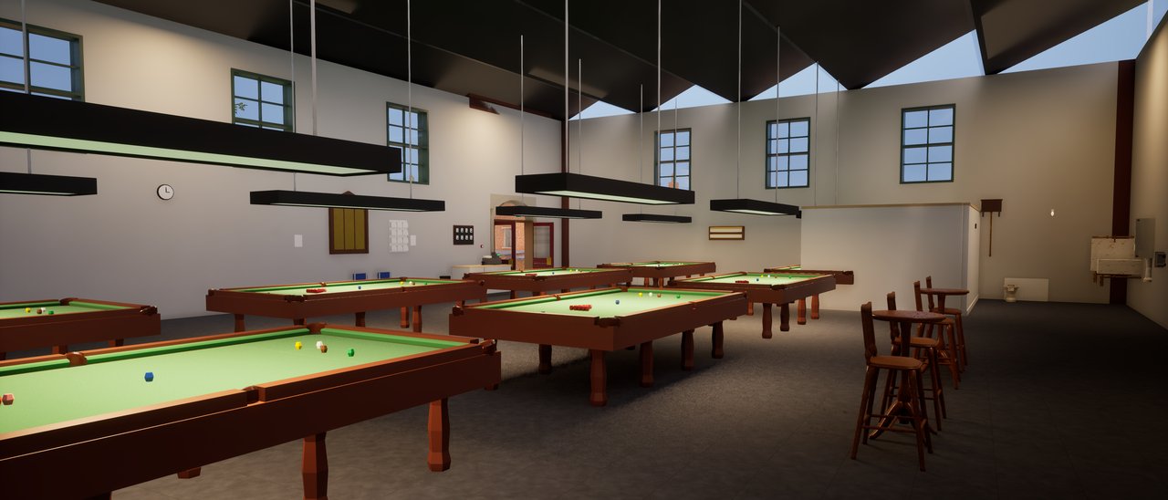 A 1904 billiard hall: eight full-size snooker tables in two rows under a pitched north-light roof, each lit by its own long canopy light, with high windows down both walls and stools at the far end.