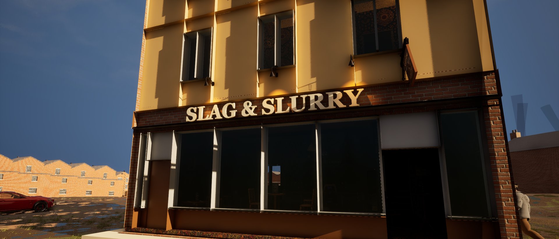 The frontage of a corner pub, gold SLAG & SLURRY lettering above dark windows, lit by low evening sun.
